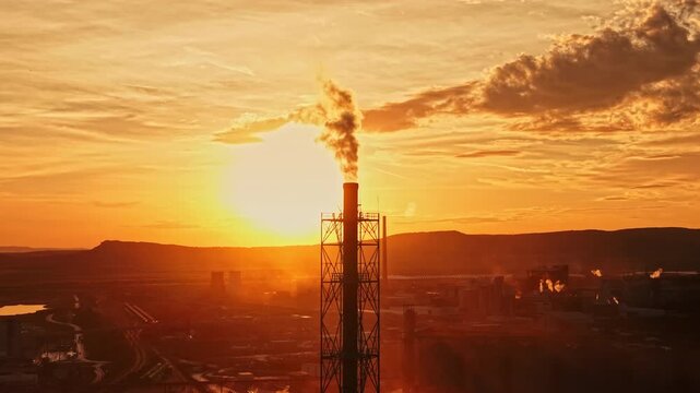 A flare stack at an industrial facility releases smoke as the sun sets behind the hills, with buildings and roads visible across the landscape.