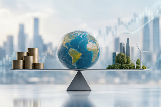 Balanced global economy concept with Earth globe on a scale between stacked coins and green cityscape representing sustainable macroeconomic stabilization models and financial resilience
