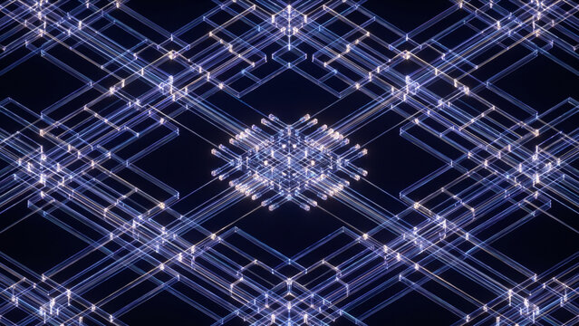 暗視野に広がる量子ニューラルネットワークの格子構造とデータハブの画像