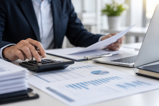 Business professional calculating corporate taxes at desk with laptop and audit paperwork reviewing invoices charts and financial reports for accounting compliance and tax analysis in office