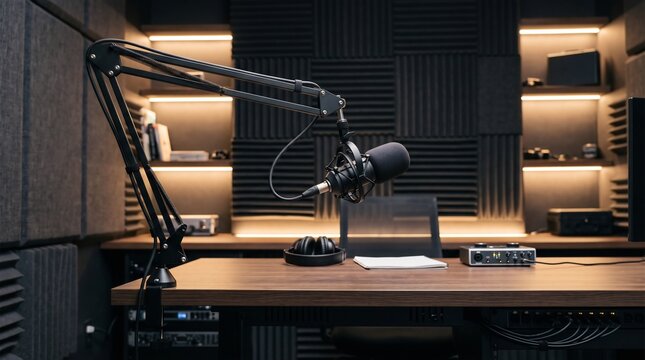 Professional podcast microphone on a boom arm in a dark soundproof recording studio booth setup