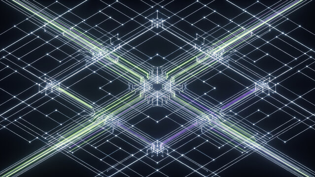 暗視野に広がる量子データハブクラスターと光波導路の格子構造を捉えた画像