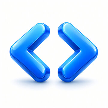 Blue code brackets symbol rendered in shiny 3D gloss stands isolated on a transparent background.