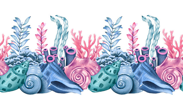 Sea seamless border with a coral, algae, shells. Underwater world. Hand drawn watercolor illustration