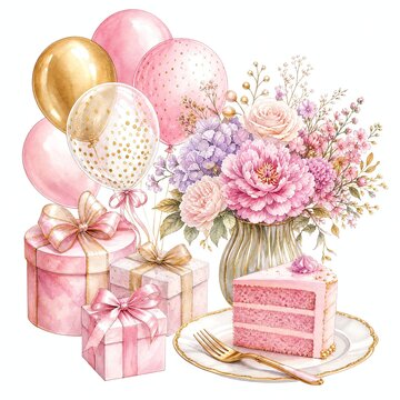 Slice of Pink Layer Cake on Gold Rimmed Plate Watercolor Art