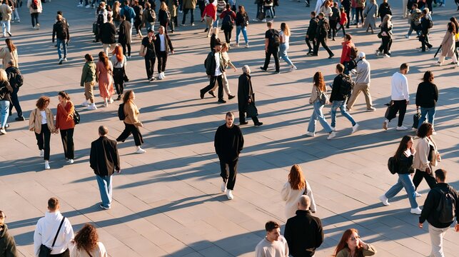 Many people walk across a sunlit plaza, casting long shadows.