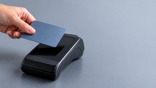 A hand holds a blue bank card above a black payment terminal for a contactless transaction on a blue-gray surface.