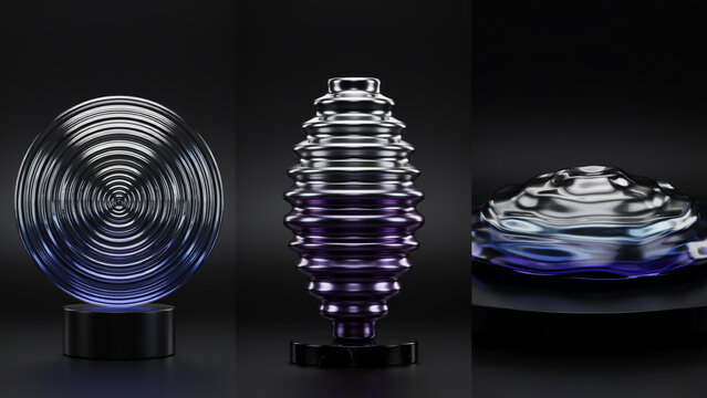 Three metallic sculptures on a dark background, featuring a circular ripple disc, a tiered conical and a smooth, flowing liquid-like form