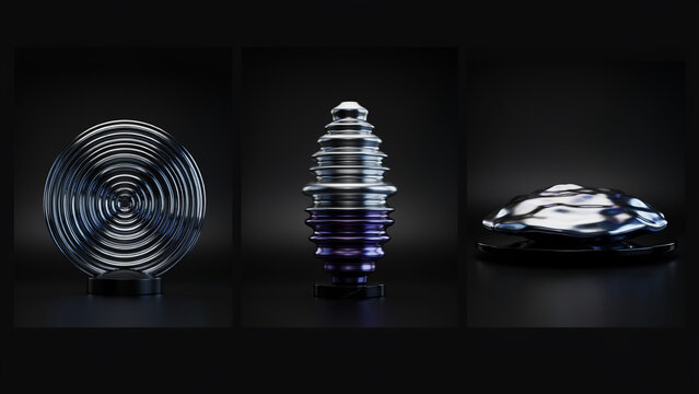 Three metallic sculptures on a dark background, featuring a circular ripple disc, a tiered conical and a smooth, flowing liquid-like form