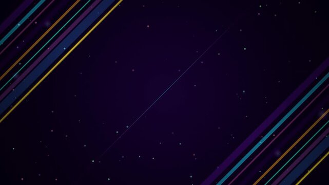 Seamless loop animation featuring vibrant diagonal neon light streaks, bokeh flares, and glowing particles on a dark purple background. Ideal overlay or backdrop for concert visuals, stage intros, par