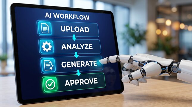 Automated document workflow guiding files through upload analysis content creation and approval with robotic assistance