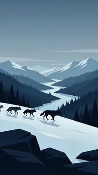 high angle vector illustration wolf pack walking through snowy mountain valley in winter