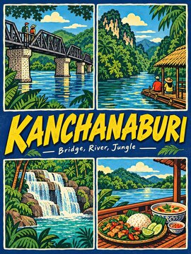 Illustrated Kanchanaburi travel poster showing a river bridge, jungle scenery, a waterfall, a raft, and local food.