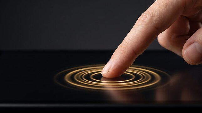 Close-up of a human finger touching a sleek black glass surface, triggering glowing golden concentric circular ripples or digital touch feedback waves against a dark background