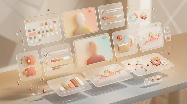 Floating 3d interface panels with business analytics and workflow charts on desk