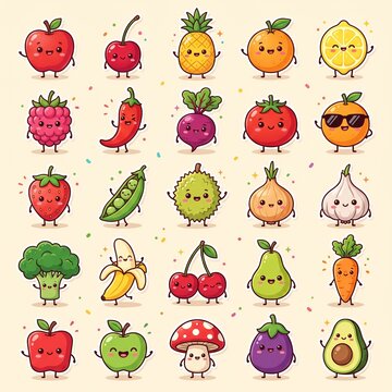 A vibrant array of cute, smiling cartoon fruit and vegetable stickers with happy facial expressions set against a soft cream background.