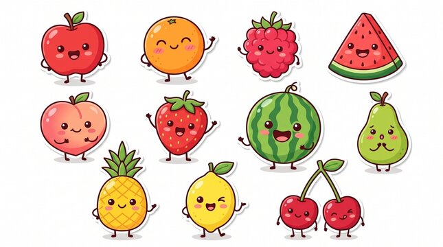 Cute kawaii fruit stickers with cheerful faces, featuring colorful characters like apple, strawberry, pineapple, and watermelon.