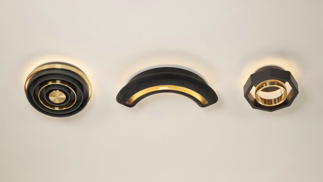 Three modern ceiling light fixtures with circular and curved black frames and warm golden light glowing from within on a plain white background