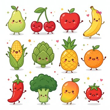 A vibrant set of cute kawaii fruit and vegetable cartoon characters with happy faces, including pear, cherries, apple, banana, corn, broccoli, pineapple, orange, and chili pepper. 
