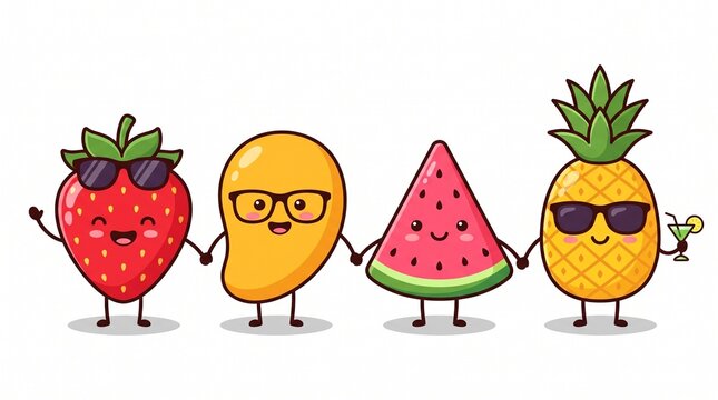 Adorable cartoon fruit characters holding hands in a cheerful line. Featuring a strawberry, mango, watermelon, and pineapple wearing cool glasses on a clean white background. 