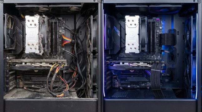 PC Hardware Cleaning and Cable Management Before and After Split Screen Comparison of Dusty Computer Fan and Clean Gaming Rig	
