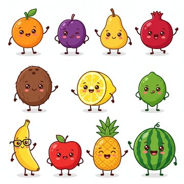 Set of cute kawaii anthropomorphic fruit characters featuring cheerful expressions, waving hands, and fun poses on a clean white background.