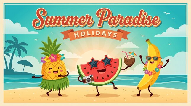 A vibrant vintage summer poster featuring playful tropical fruit characters enjoying a sunny day at the beach under a bright sky.