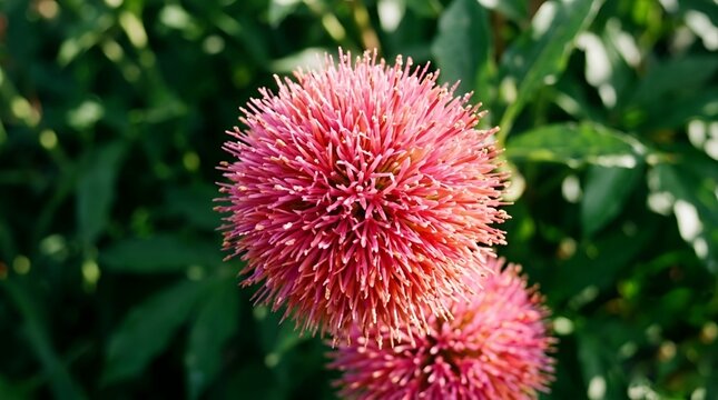 Image showcases a close-up view of vibrant, spherical flowers with a striking appearance. These flowers are characterized by their dense clusters of thin, spiky petals, predominantly in shades of brig