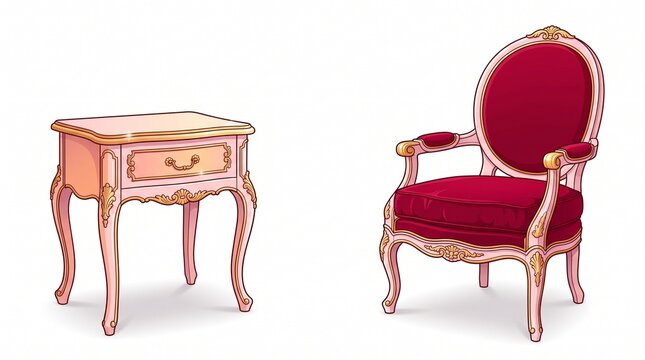 Elegant vintage armchair and matching wooden side table with luxurious red upholstery and ornate gold trimmings on a clean white background.