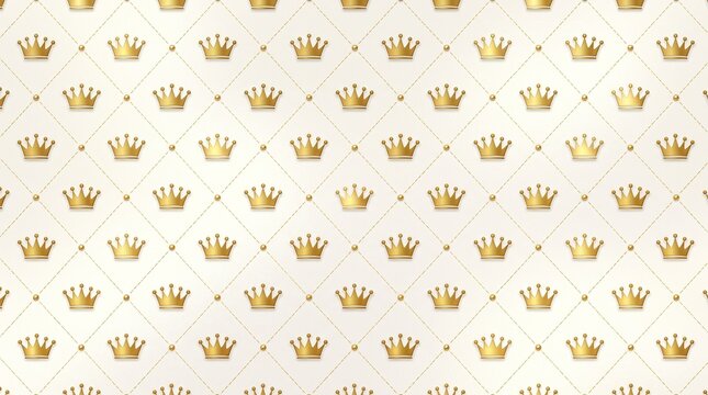 Elegant seamless pattern featuring golden crowns set inside a quilted diamond grid on a light cream background, creating a luxurious royal backdrop.