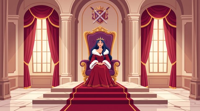 Majestic queen wearing a golden crown sits gracefully on a grand royal throne inside an ornate castle hall.