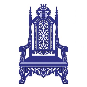 An elegant royal throne icon rendered in rich blue cutouts, highlighting intricate floral scrollwork, high finials, and a majestic crown emblem.   