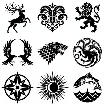 A set of black vector heraldic emblems including animals, mythical dragons, moon sun, compass, and ram skull icons isolated on a white background.