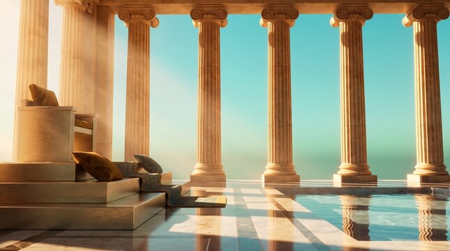 Majestic classical Greek or Roman temple terrace with tall ionic columns, a golden throne seat, marble floor, and a serene reflective pool.