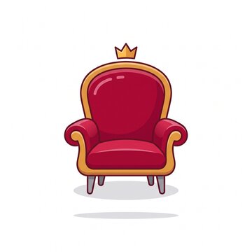 A charming cartoon illustration of a majestic red royal throne armchair featuring gold trim and a small crown floating on top.