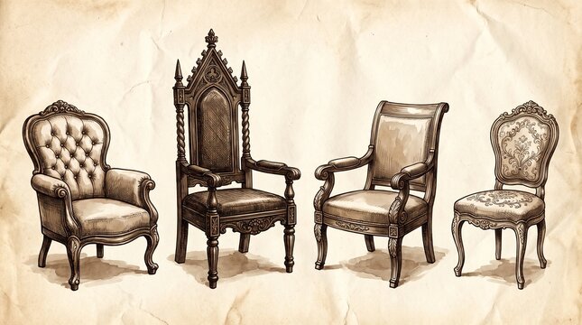 A detailed sepia vintage hand-drawn illustration featuring four ornate antique wooden chairs on an aged parchment background paper.