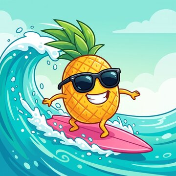 A cool cartoon pineapple wearing sunglasses surfs a giant ocean wave on a pink surfboard under a bright summer sky