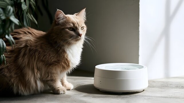 A fluffy ginger cat sits beside a modern white automatic water fountain on a carpeted floor near a potted plant