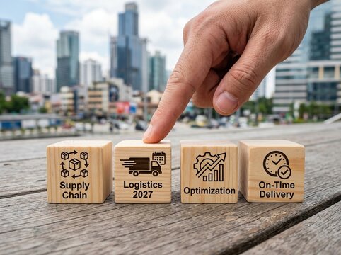 Business hand pointing at wooden cubes displaying logistics supply chain optimization and on time delivery concepts outdoors