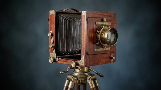 Vintage wooden bellows camera on brass tripod against dark textured
