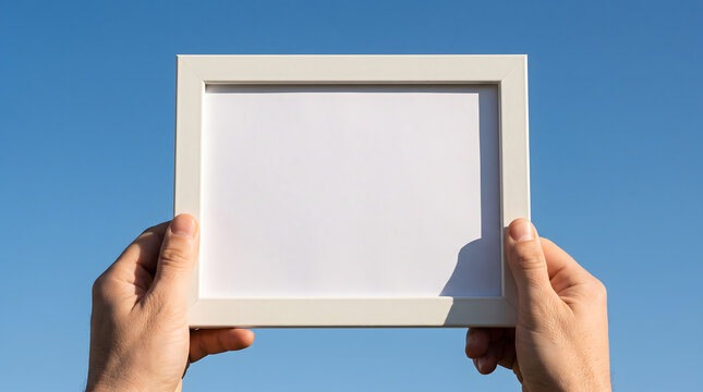 Hands holding an empty white picture frame against a clear blue sky.