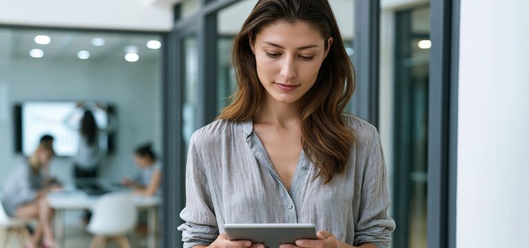 In a modern office hallway, a businesswoman reviews data on a tablet while team members collaborate in a glass meeting room.