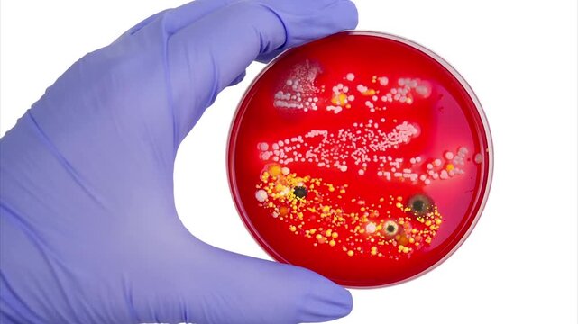 Mixed microbial colonies on sheep blood agar, animated photograph. Gloved laboratory hand holding a culture plate with bacterial growth, fungal contamination, pigmentation and visible haemolysis.