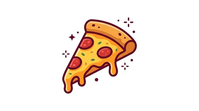 A cartoon-style vector illustration of a delicious slice of pizza with melting cheese, pepperoni slices, and decorative sparkles isolated on a white background.