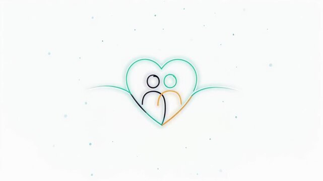 Two Stylized Figures Embracing within a Glowing Heart Outline Against Clean White Background in Minimalist Animated Style for Branding or Wellness Concepts