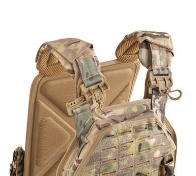 Side angle of a multicam plate carrier body armor with adjustable straps and pouches on white background.