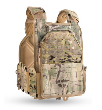 Tactical plate carrier vest in multicam camouflage, isolated on white background