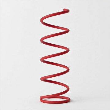 A single continuous metal frame twisting into a loose helix shape, finished in matte red, standing isolated against a plain white studio background with soft, even lighting and minimal shadow.