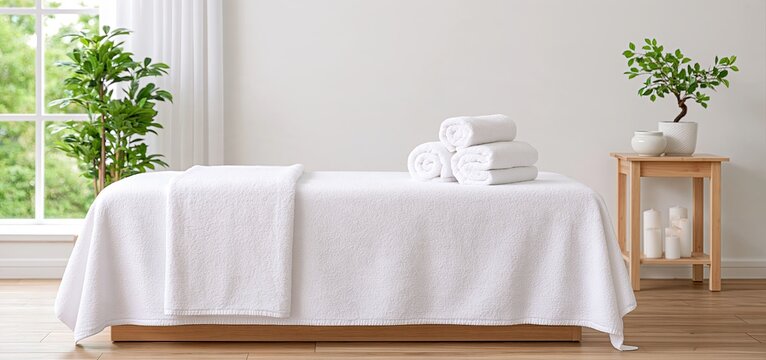 In a softly lit wellness studio, a massage table sits amid calming decor with ample copy space for relaxation promotions.