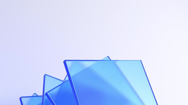 Stack of blue glass plates fanning out and folding back on a light background, layered architecture and data storage concept, seamless loop, 3d rendered animation